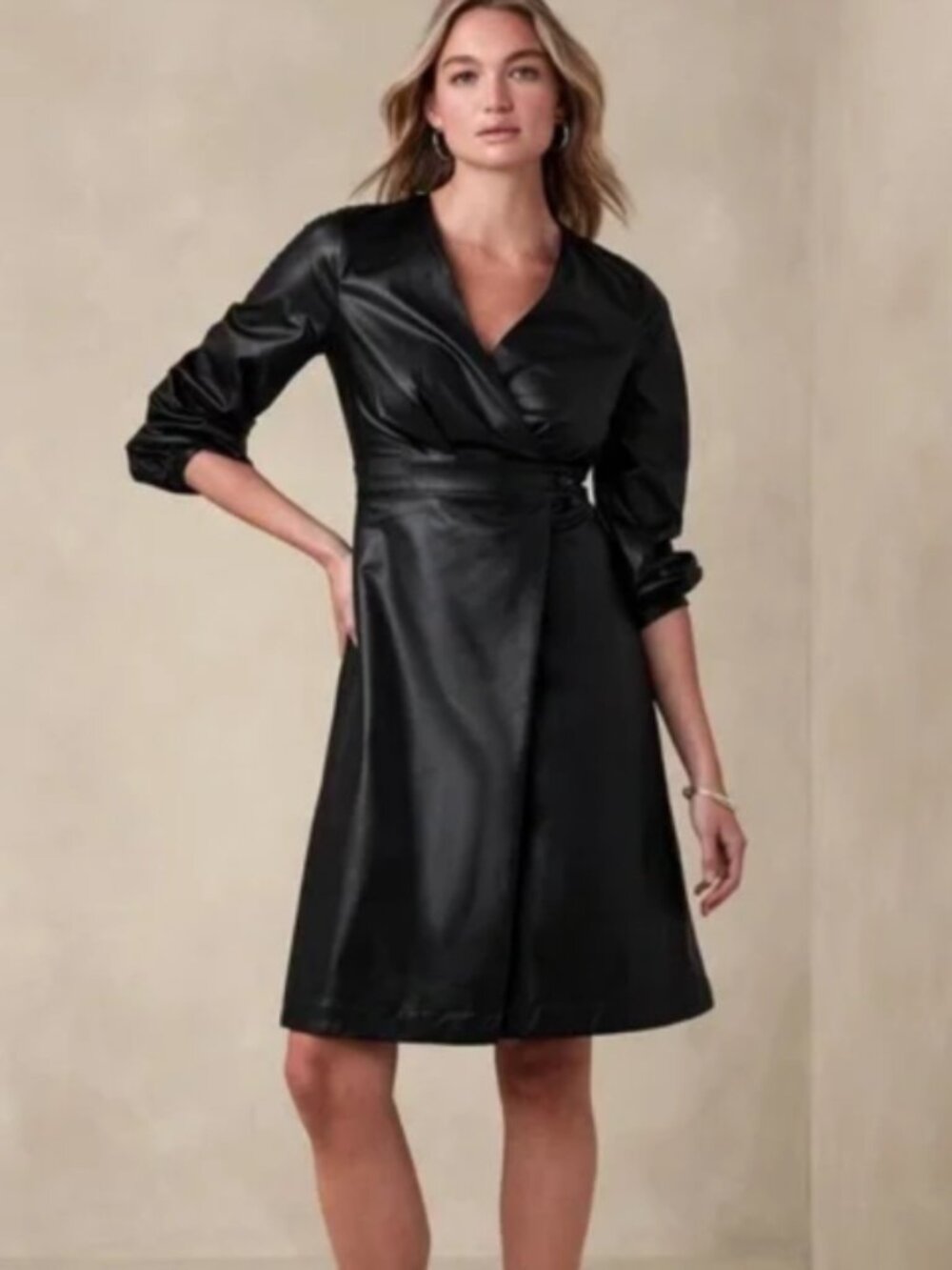 Banana Republic Black Faux Leather Wrap Dress with Puff Sleeves